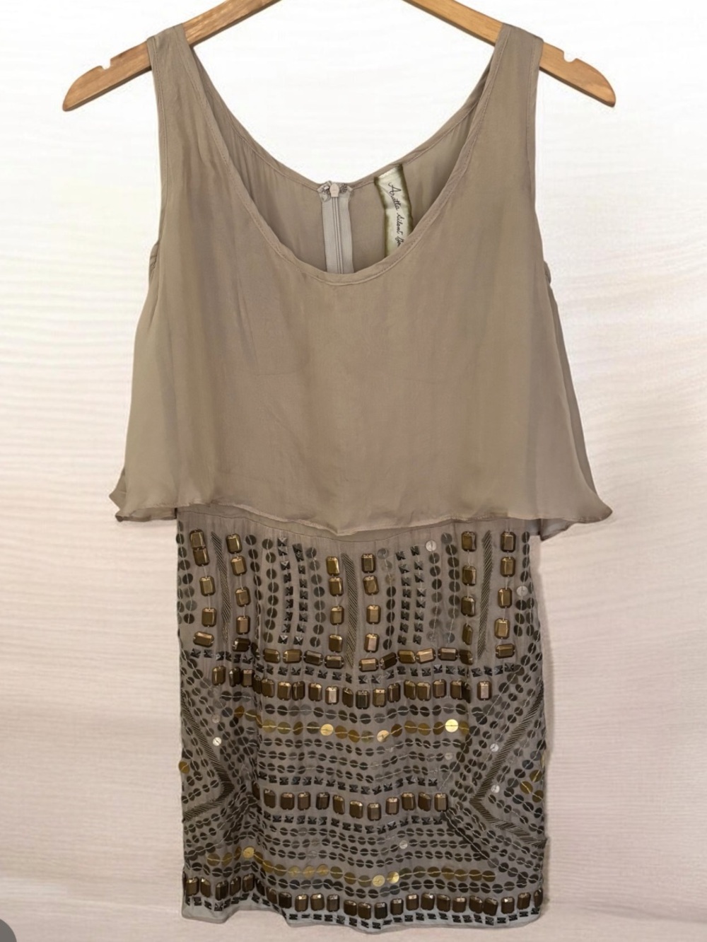 Aratta Silent Journey Beaded Taupe Layered  Dress NWOT